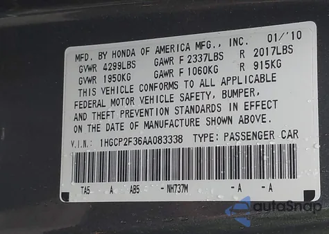 2010 Honda Accord 2.4 Lx from USA, damaged, VIN 1HGCP2F36AA083338